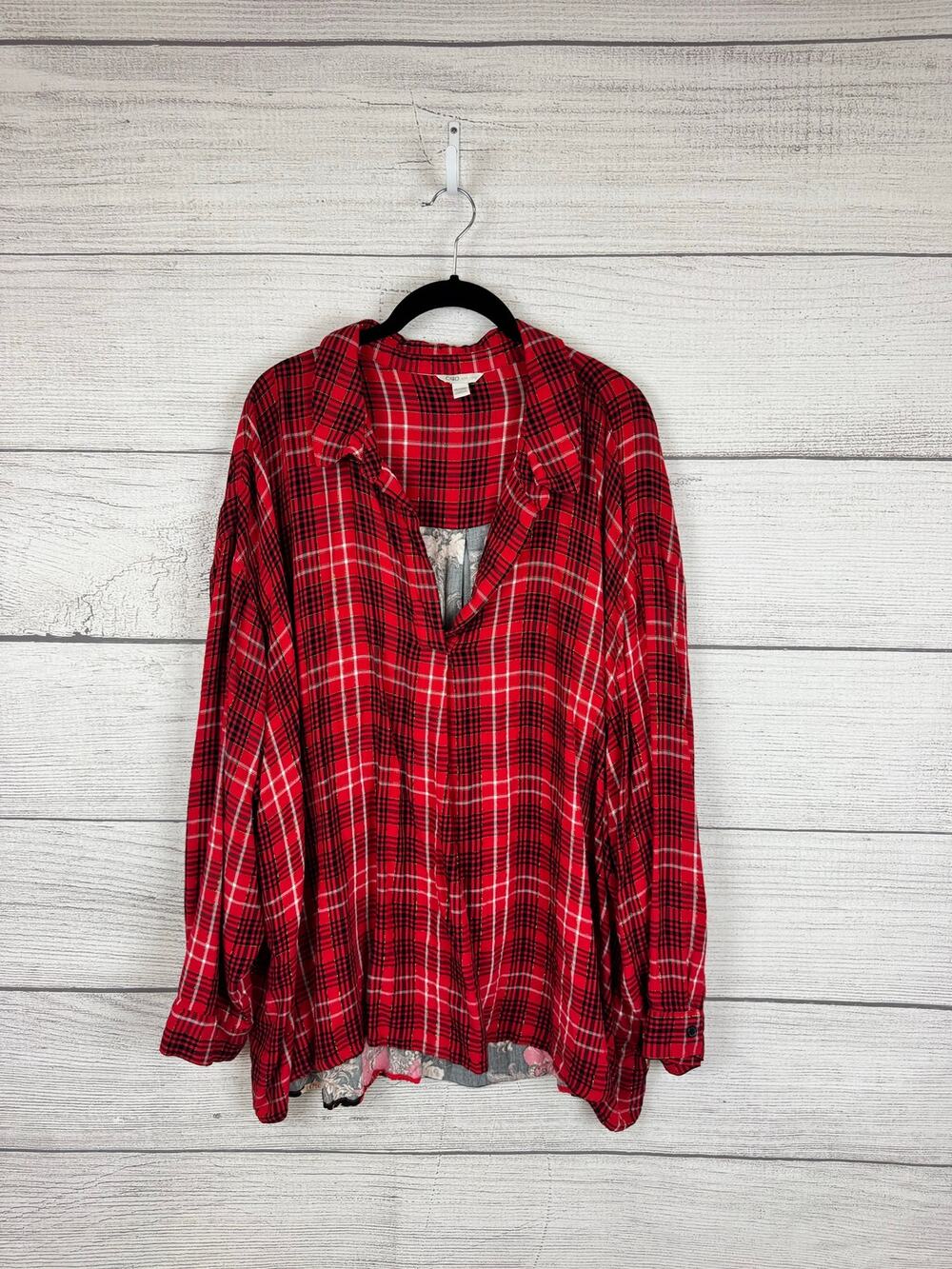 Cato Plus Size Red & Black Plaid Floral Back Long Sleeve Blouse Size 26/28W